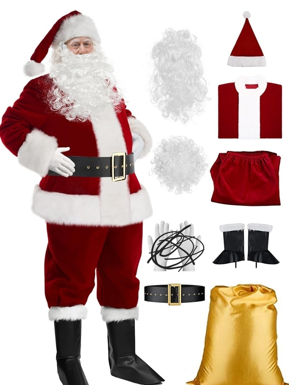 Santa Claus Costume for Men 8PCS, Christmas Santa Costume Adult Deluxe Santa